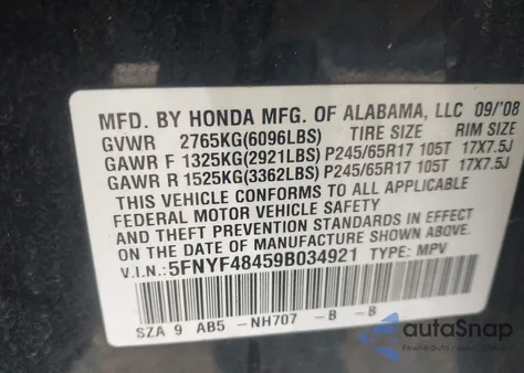 2009 Honda Pilot Ex z USA, uszkodzony, nr VIN 5FNYF48459B034921
